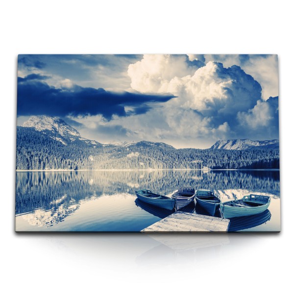 Paul Sinus Art 120x80cm Wandbild auf Leinwand Crno Jezero Montenegro Gletschersee Berge Boote Wolken