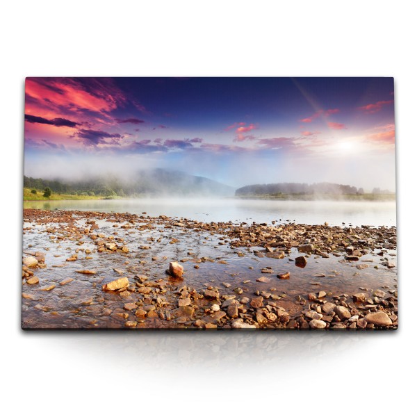 Paul Sinus Art 120x80cm Wandbild auf Leinwand Natur See Steine Abendröte Nebel