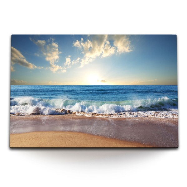 Paul Sinus Art 120x80cm Wandbild auf Leinwand Meer Strand Wellen Horizont Blau Sonnenuntergang