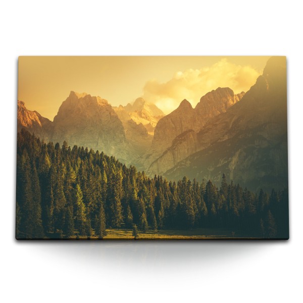 Paul Sinus Art 120x80cm Wandbild auf Leinwand Alpen Dolomiten Berge Felsen Tannenwald Natur