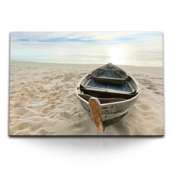 Paul Sinus Art 120x80cm Wandbild auf Leinwand Fischerboot Strand Holzboot Meer Sonnenuntergang