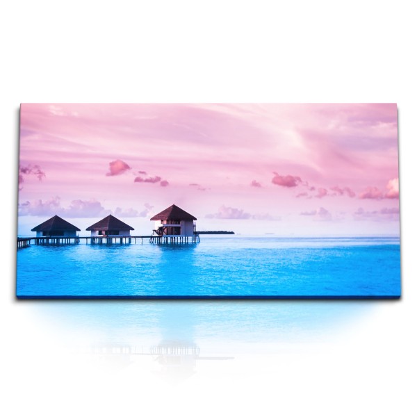 Paul Sinus Art Kunstdruck Bilder 120x60cm Wasserbungalows Malediven rosa Himmel Meer Horizont