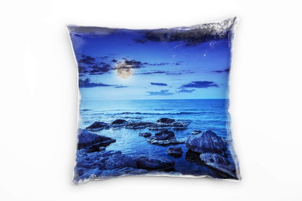 Paul Sinus Art Meer, Mond, Felsen, Nacht, grau, blau Deko Kissen 40x40cm für Couch Sofa Lounge Zierkissen