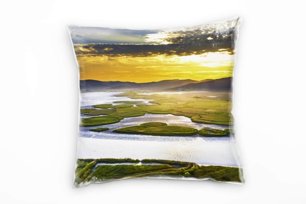 Paul Sinus Art Landschaft, Sonnenuntergang, Südkorea, gelb, grün Deko Kissen 40x40cm für Couch Sofa Lounge Zierkiss