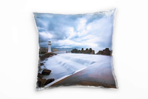 Paul Sinus Art Strand und Meer, Brandung, Leuchtturm, grau Deko Kissen 40x40cm für Couch Sofa Lounge Zierkissen