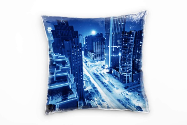 Paul Sinus Art Urban und City, blau, Nacht, Lichtlinien, Hochhäuser Deko Kissen 40x40cm für Couch Sofa Lounge Zierk