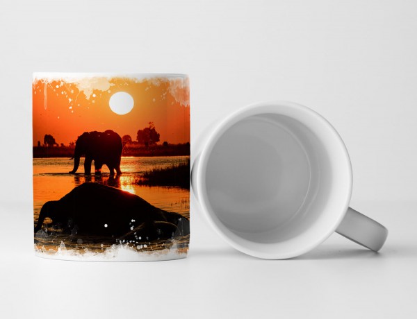 Paul Sinus Art Tasse Geschenk Tierfotografie – Badende Elefanten beim Sonnenaufgang