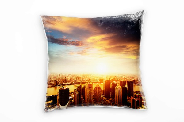 Paul Sinus Art City, orange, blau, Shanghai, Sonnenuntergang Deko Kissen 40x40cm für Couch Sofa Lounge Zierkissen