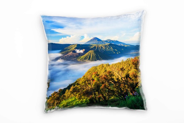 Paul Sinus Art Natur, blau, grün, braun, Berge, Nebel, Sonnenaufgang Deko Kissen 40x40cm für Couch Sofa Lounge Zier