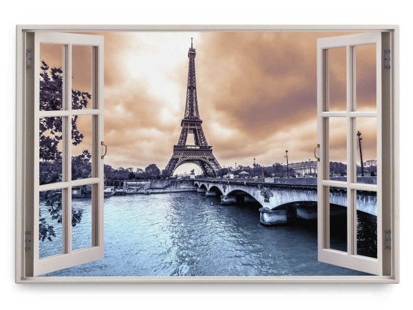 Wandbild 120x80cm Fensterbild Paris Eiffelturm Kanal Brücke Frankreich