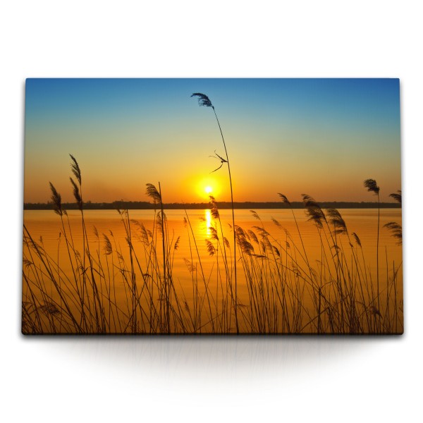 Paul Sinus Art 120x80cm Wandbild auf Leinwand Sonnenuntergang See Abendröte Natur Halme