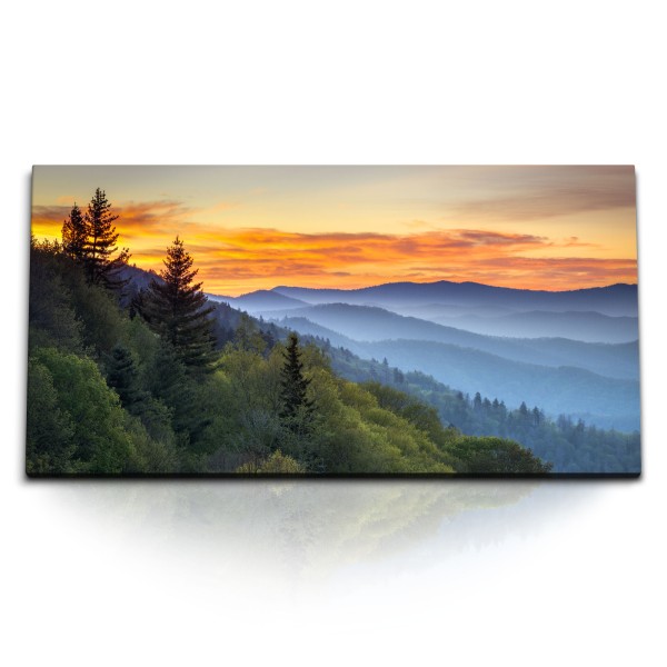 Paul Sinus Art Kunstdruck Bilder 120x60cm Natur Berge roter Himmel Abendröte Bäume