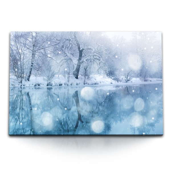 Paul Sinus Art 120x80cm Wandbild auf Leinwand Winterlandschaft Fluss Schnee Winter Ufer Blau