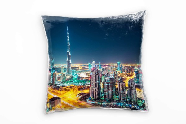 Paul Sinus Art City, Dubai, Hochhäuser, Nacht, orange, türkis, blau Deko Kissen 40x40cm für Couch Sofa Lounge Zierk