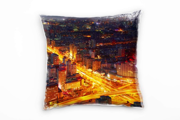 Paul Sinus Art City, Peking, Nacht, Hochhäuser, orange, blau Deko Kissen 40x40cm für Couch Sofa Lounge Zierkissen