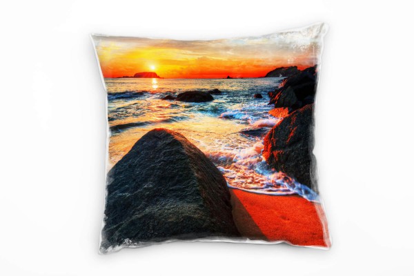 Paul Sinus Art Strand und Meer, Brandung, Sonnenuntergang, rot Deko Kissen 40x40cm für Couch Sofa Lounge Zierkissen