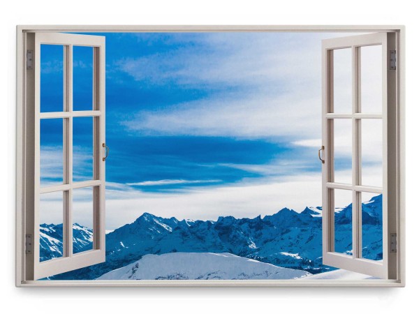 Wandbild 120x80cm Fensterbild Blaue Berge Alpen Gebirge Schneegipfel Horizont