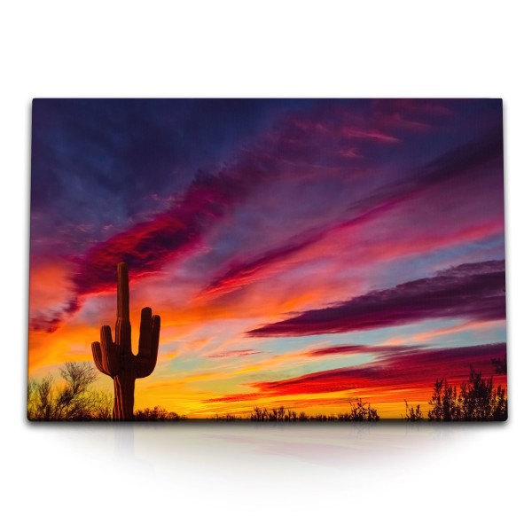 Paul Sinus Art 120x80cm Wandbild auf Leinwand Mexikanische Landschaft Kaktus Abendrot roter Himmel