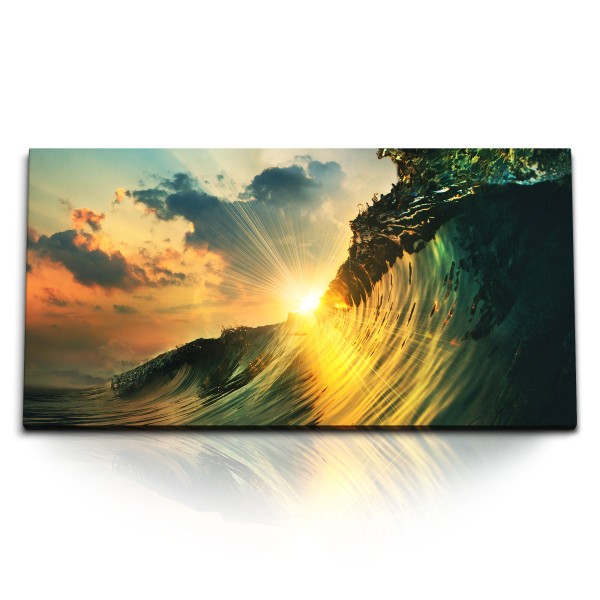 Paul Sinus Art Kunstdruck Bilder 120x60cm Welle Sonnenuntergang Wasser Abendröte Surfen