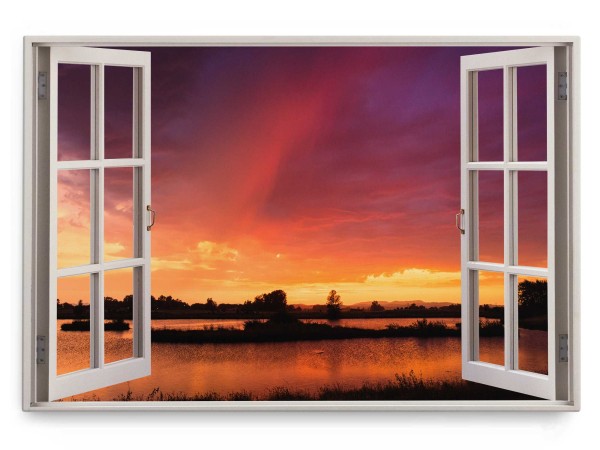 Paul Sinus Art Wandbild 120x80cm Fensterbild Roter Horizont Sonnenuntergang Abendrot Natur See