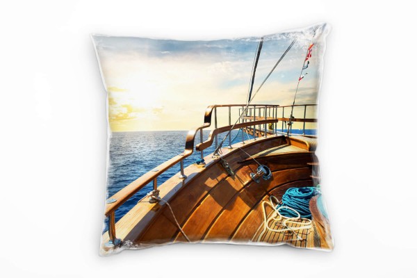 Paul Sinus Art Meer, Schiff, Sonnenaufgang, braun, blau, gelb Deko Kissen 40x40cm für Couch Sofa Lounge Zierkissen