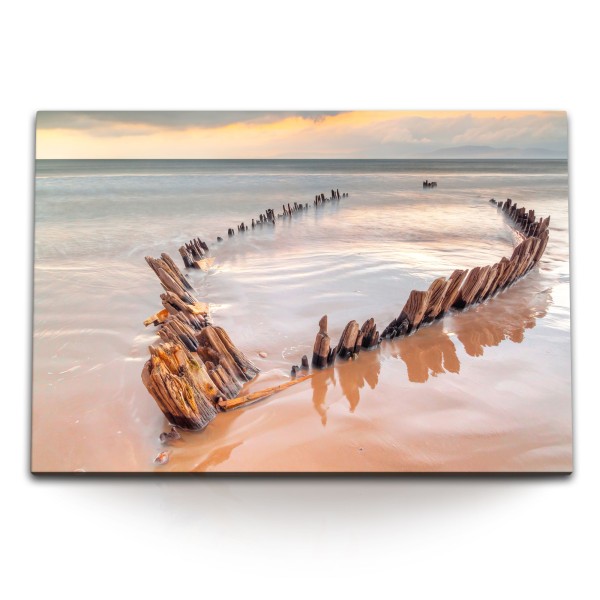 Paul Sinus Art 120x80cm Wandbild auf Leinwand Altes Schiffswrack Meer Strand Horizont