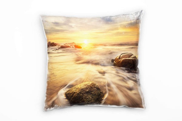 Paul Sinus Art Strand und Meer, beige , orange, Sonnenuntergang Deko Kissen 40x40cm für Couch Sofa Lounge Zierkiss