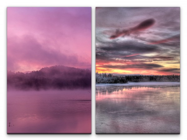 Paul Sinus Art 2 Bilder je 60x90cm Finnland Winter Rosa Wolken Berge See Sonnenaufgang Stille