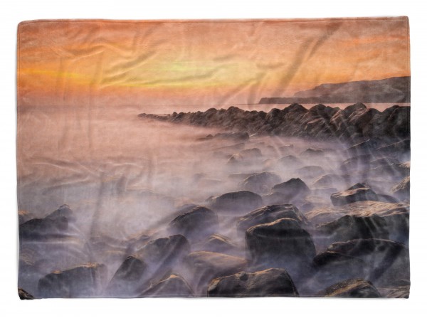 Paul Sinus Art Handtuch Strandhandtuch Saunatuch Kuscheldecke mit Fotomotiv Felsen Meer Nebel