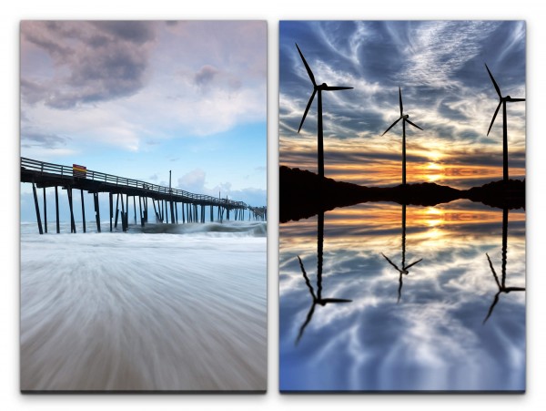 Paul Sinus Art 2 Bilder je 60x90cm Brücke Meer Windräder Wolken See Horizont Himmel