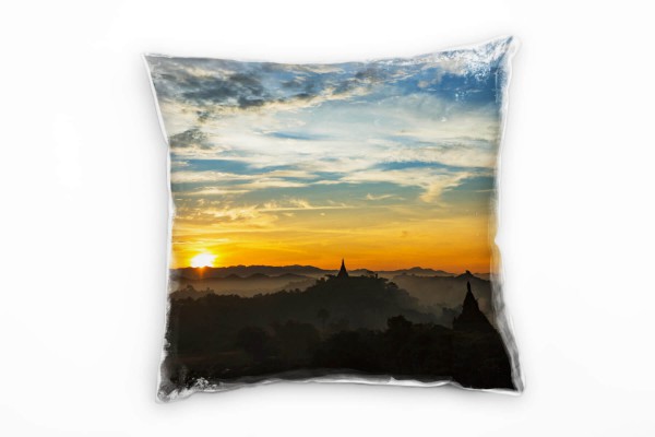 Paul Sinus Art Landschaft, Sonnenaufgang, Bagan, Tempel, orange Deko Kissen 40x40cm für Couch Sofa Lounge Zierkisse