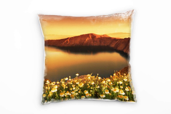 Paul Sinus Art Landschaft, orange, grün, Blumen, Santorini, Griechenland Deko Kissen 40x40cm für Couch Sofa Lounge