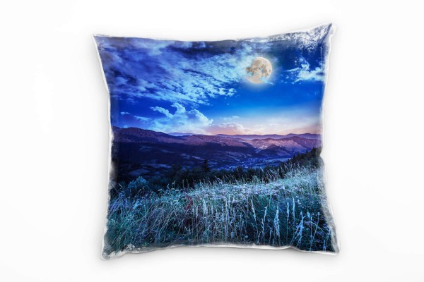 Paul Sinus Art Landschaft, blau, grün, Nacht, Mond, Wiese Deko Kissen 40x40cm für Couch Sofa Lounge Zierkissen