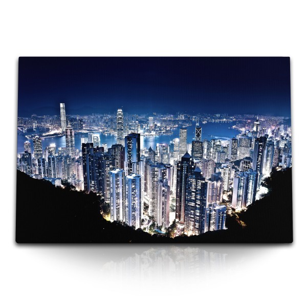 Paul Sinus Art 120x80cm Wandbild auf Leinwand Hongkong bei Nacht Hochhäuser Wolkenkratzer