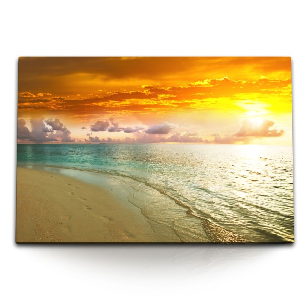 Paul Sinus Art 120x80cm Wandbild auf Leinwand Meer Strand Sandstrand Sonnenuntergang roter Himmel