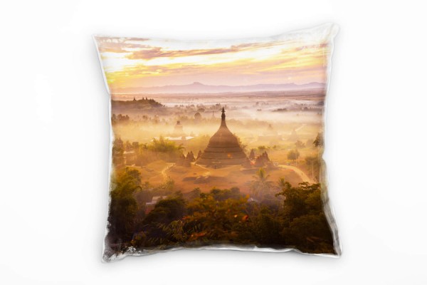 Paul Sinus Art Landschaft, Sonnenaufgang, Bagan, Tempel, orange Deko Kissen 40x40cm für Couch Sofa Lounge Zierkisse