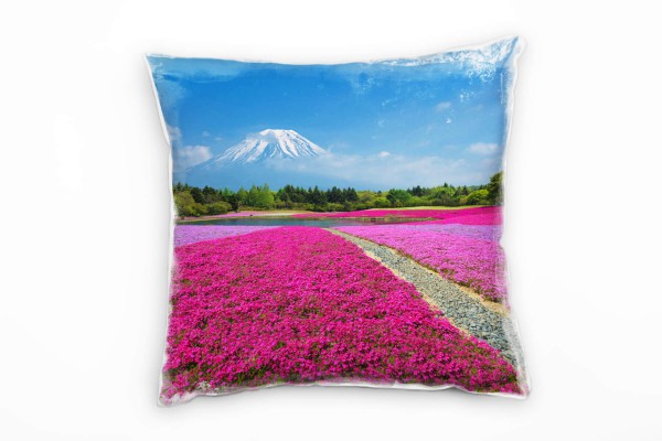 Paul Sinus Art Blumen, Frühling, schneebedeckter Berg, pink, blau Deko Kissen 40x40cm für Couch Sofa Lounge Zierkis