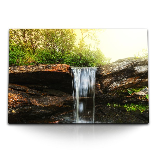 Paul Sinus Art 120x80cm Wandbild auf Leinwand Bach kleiner Wasserfall Natur Wasser Grün