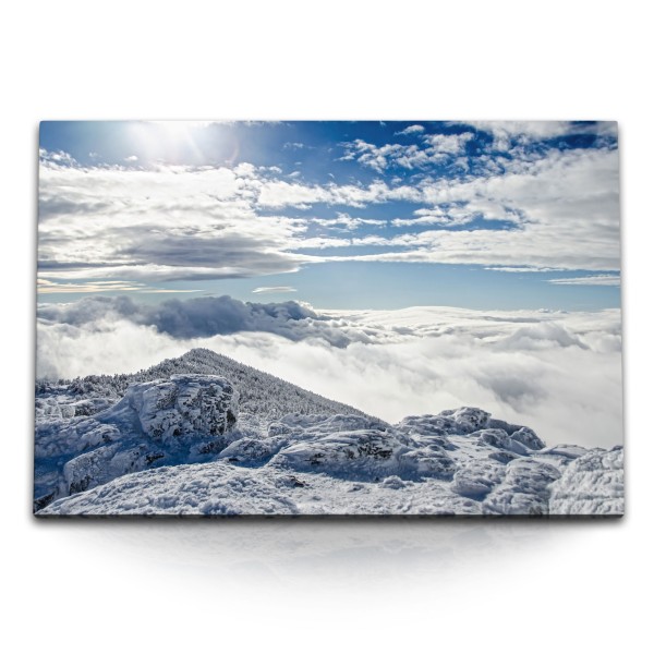 Paul Sinus Art 120x80cm Wandbild auf Leinwand Schneelandschaft Winter Berge über den Wolken Sonnenschein