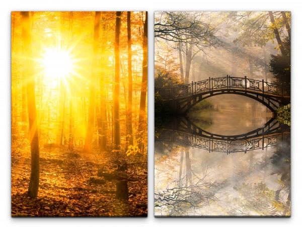 Paul Sinus Art 2 Bilder je 60x90cm Wald Sonnenstrahlen Sonne Herbst warmes Licht Fluss Holzbrücke