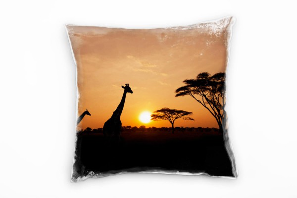 Paul Sinus Art Tiere, Natur, orange, schwarz, Giraffen, Sonnenuntergang Deko Kissen 40x40cm für Couch Sofa Lounge Z