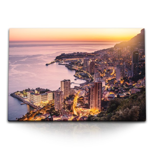 120x80cm Wandbild auf Leinwand Montecarlo Monaco Küste Meer Sonnenuntergang