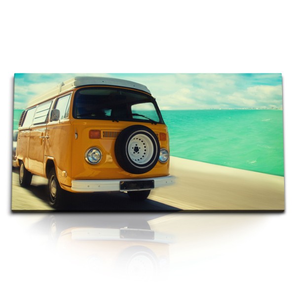 Paul Sinus Art Kunstdruck Bilder 120x60cm Kalifornien Sommer Meer Gelber Bus Road Trip