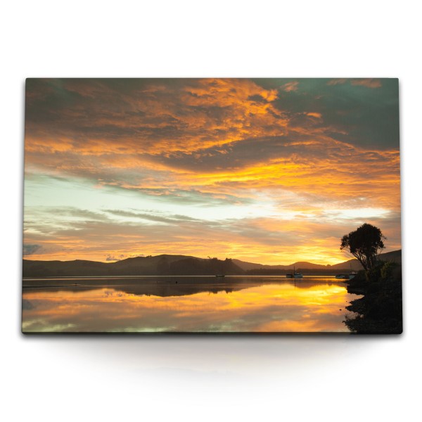 Paul Sinus Art 120x80cm Wandbild auf Leinwand See Abendrot Sonnenuntergang roter Himmel Natur