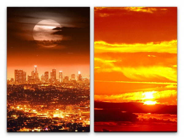 Paul Sinus Art 2 Bilder je 60x90cm NewYork Skyline Vollmond Rote Wolken Sonnenuntergang Großstadt