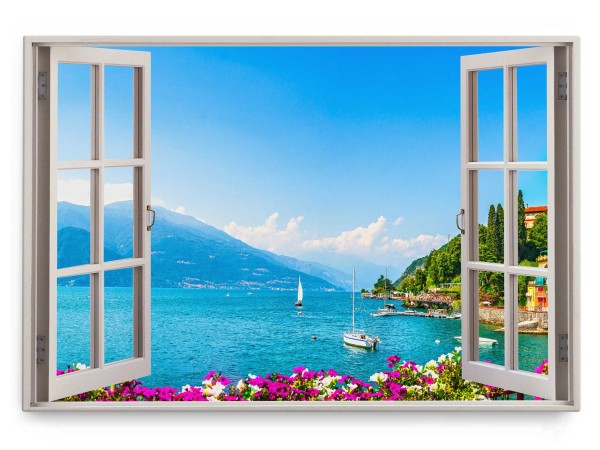 Paul Sinus Art Wandbild 120x80cm Fensterbild Alpensee Berge See Natur Blau Segelboote