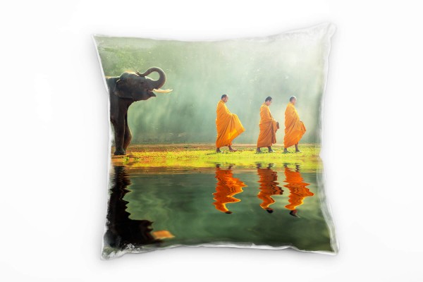 Paul Sinus Art Tiere, Elefantenbaby, Mönch, grau, grün, orange Deko Kissen 40x40cm für Couch Sofa Lounge Zierkissen