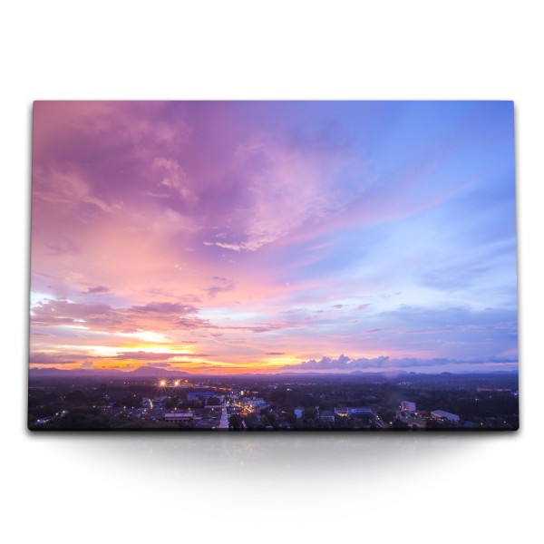 Paul Sinus Art 120x80cm Wandbild auf Leinwand Abendrot Horizont Sonnenuntergang Stadt Himmel