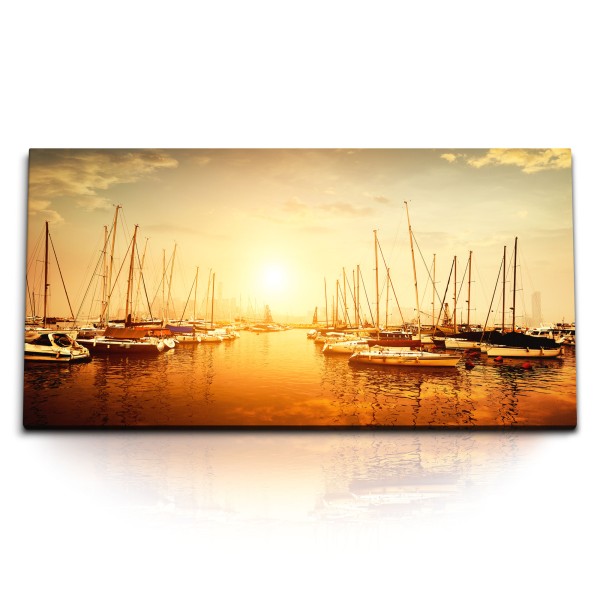 Paul Sinus Art Kunstdruck Bilder 120x60cm Hafen Segelboot Meer Sonnenuntergang Rot