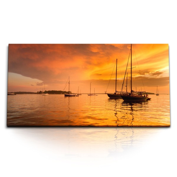 Paul Sinus Art Kunstdruck Bilder 120x60cm Roter Himmel Meer Segelboote Abendrot Sonnenuntergang